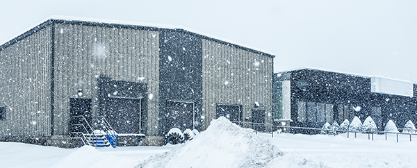 Two buildings in a winter snow storm